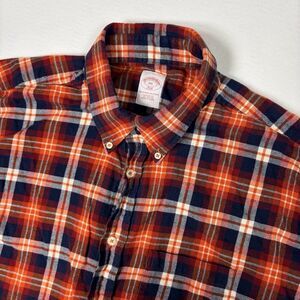 Brooks Brothers 346 Flannel Shirt Men XXL Orange Navy Blue Plaid Button Down 2XL
